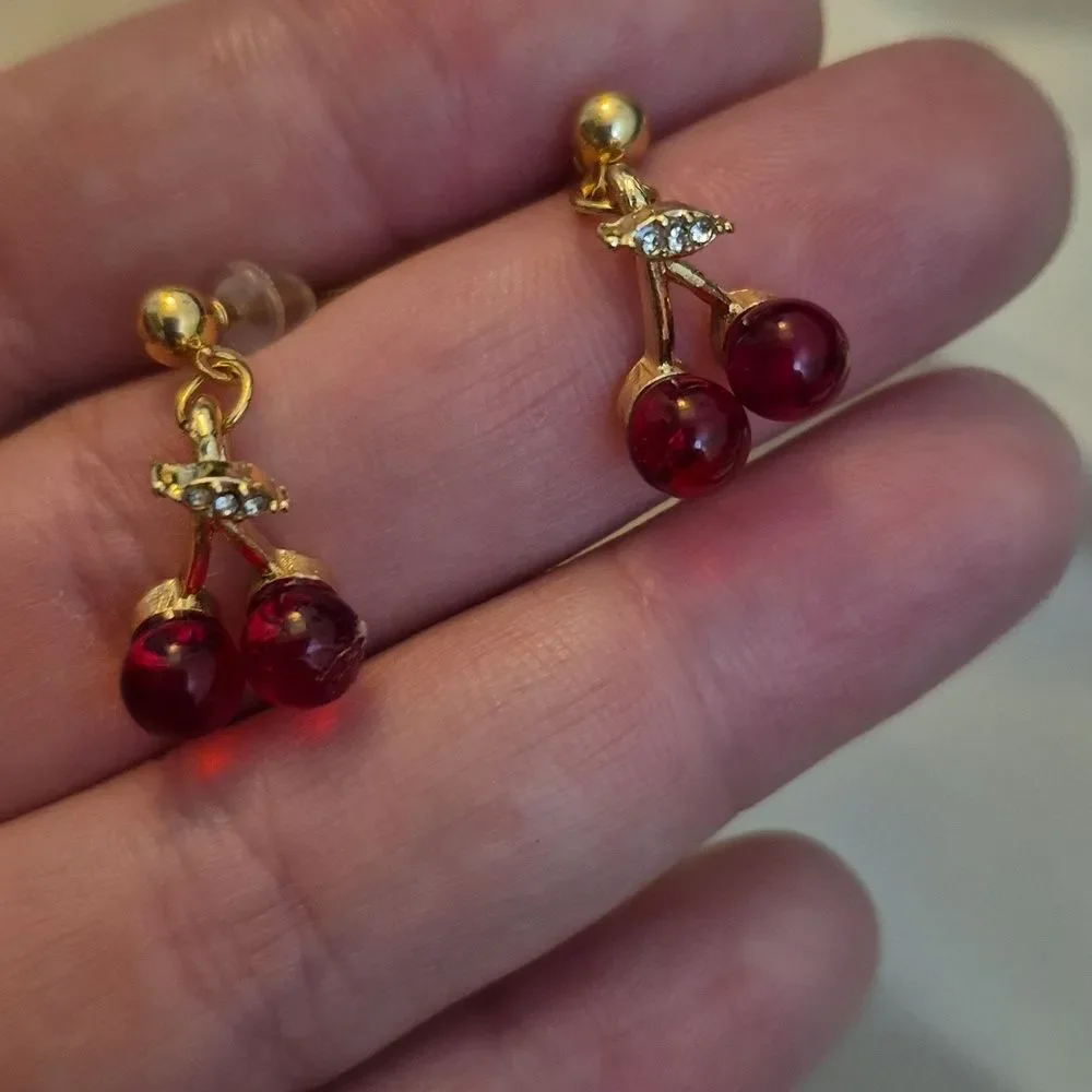 Gold Cherry Pendant Cable Necklace and Earrings Set In Gold Tone